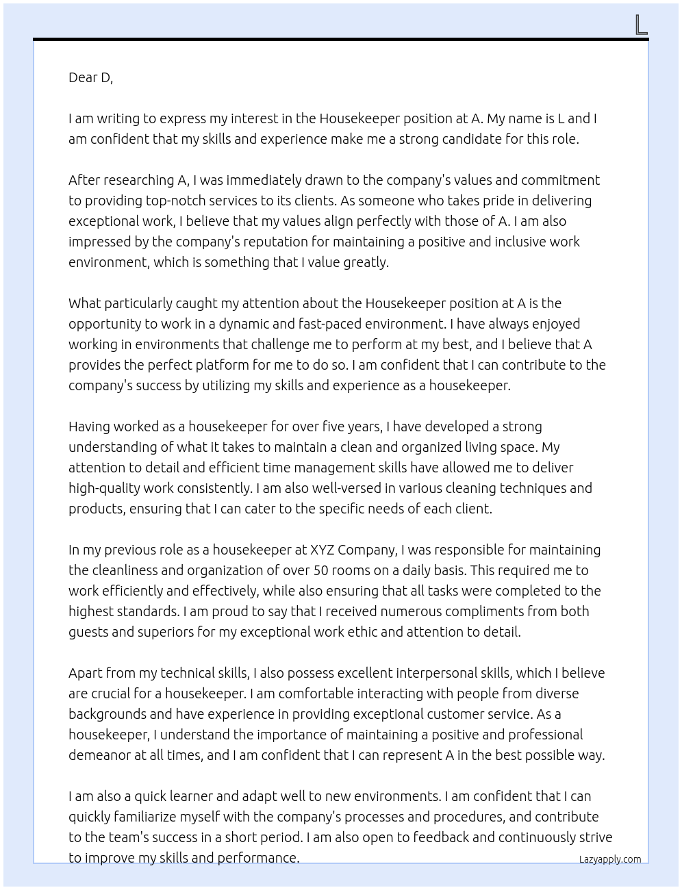 Housekeeper At A Cover Letter