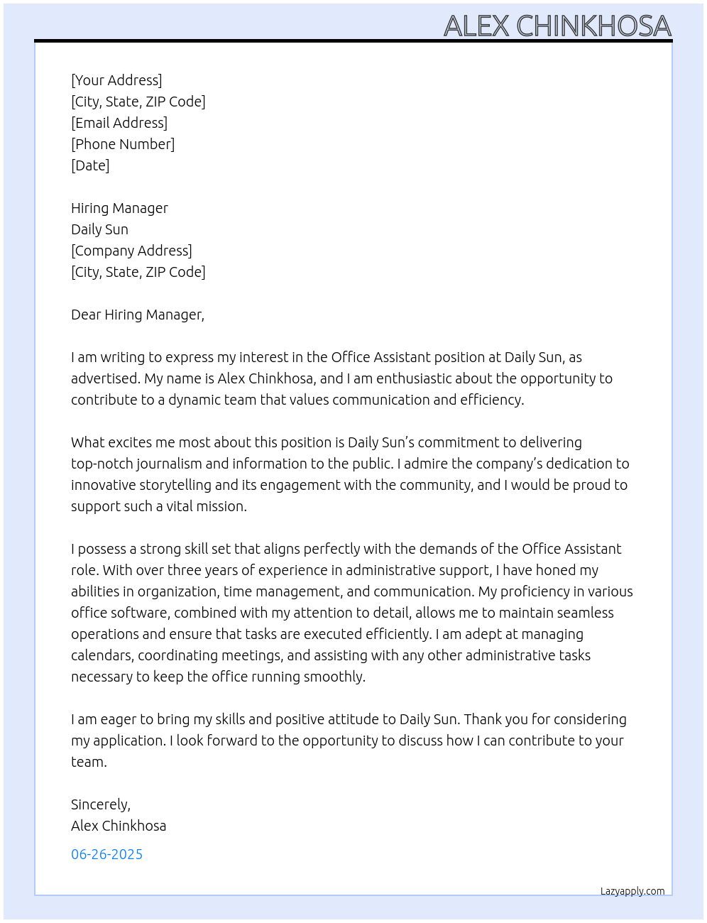 office assistant At daily sun Cover Letter
