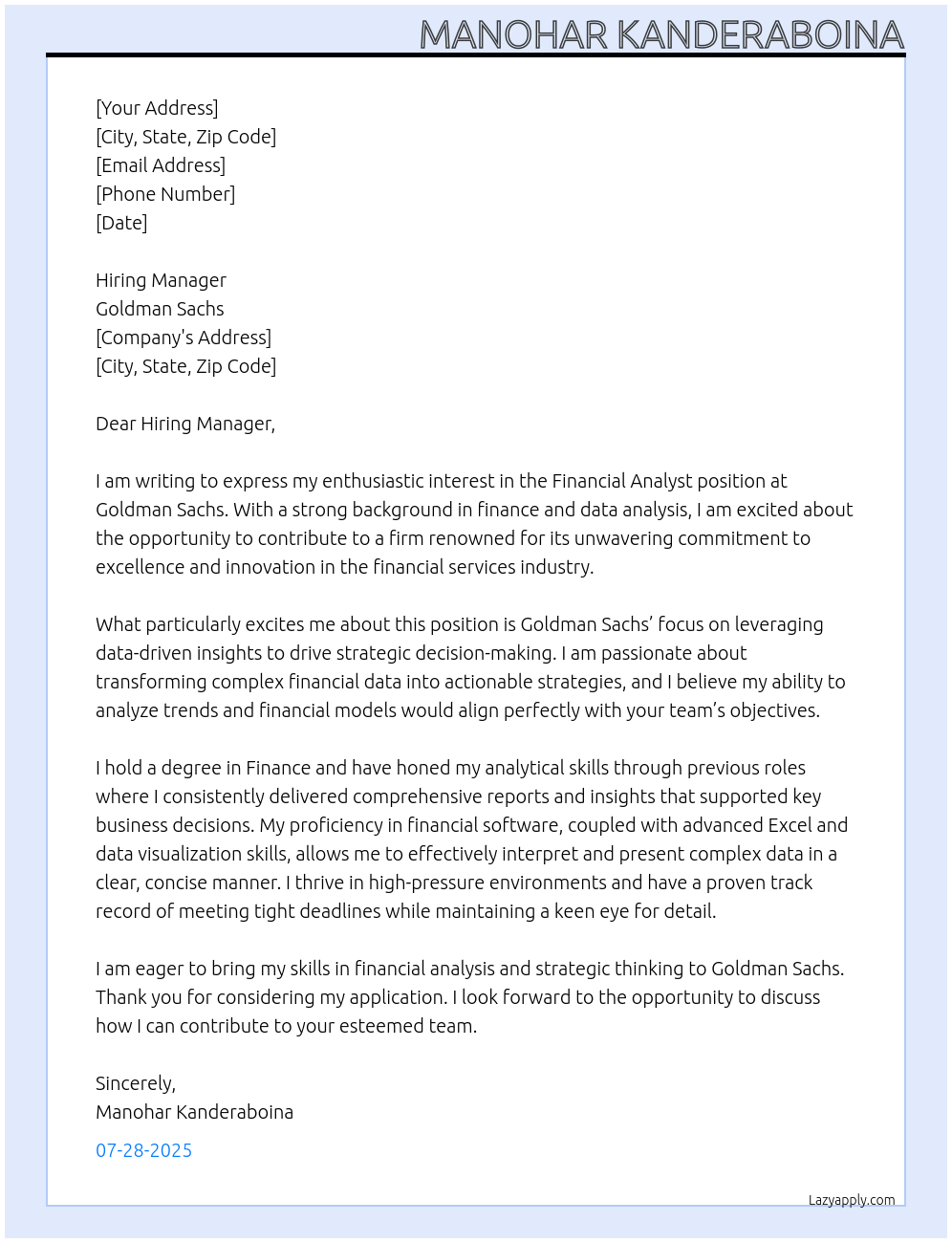 Financial Analyst At Goldmansachs Cover Letter