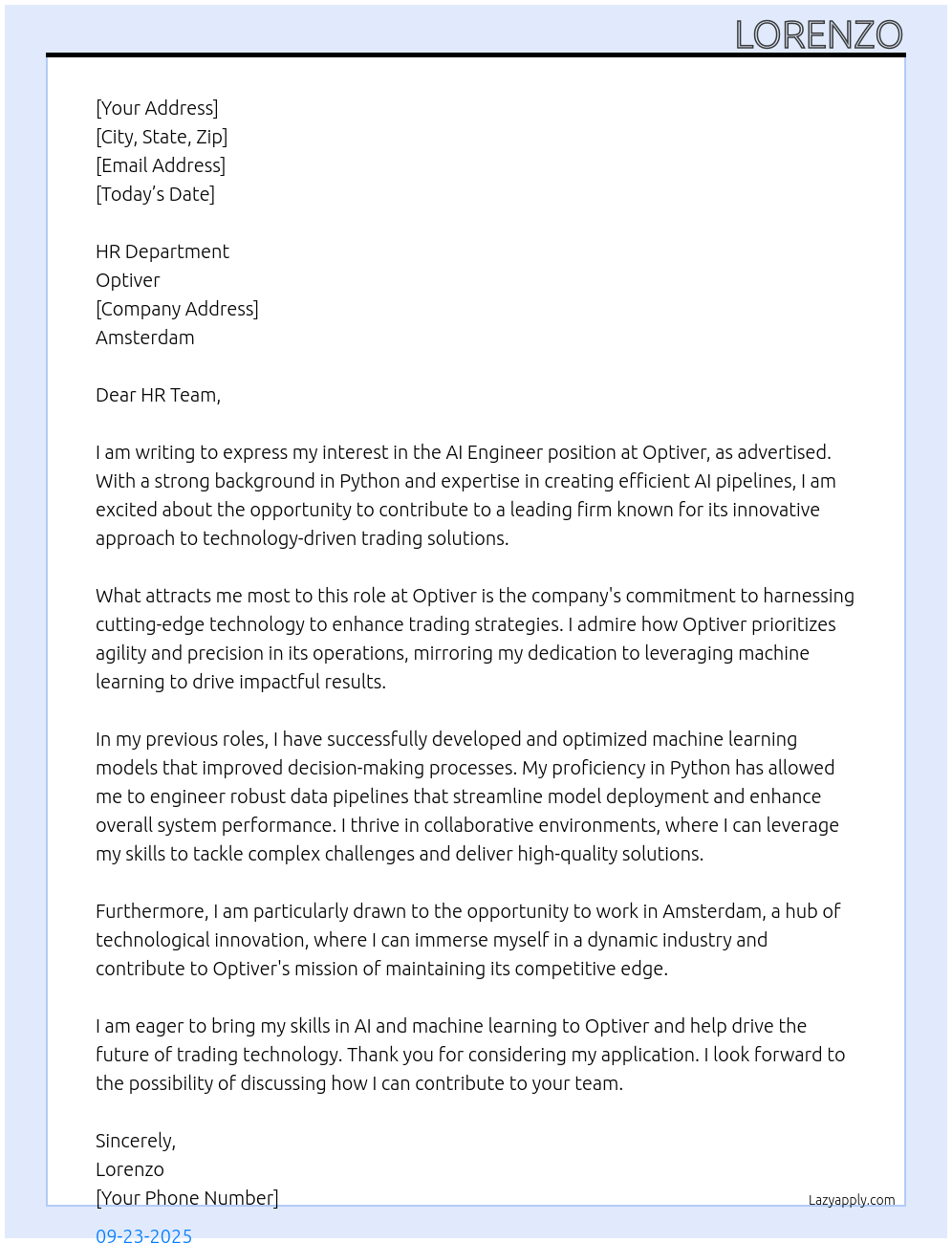 Ai engineer At Optiver Cover Letter