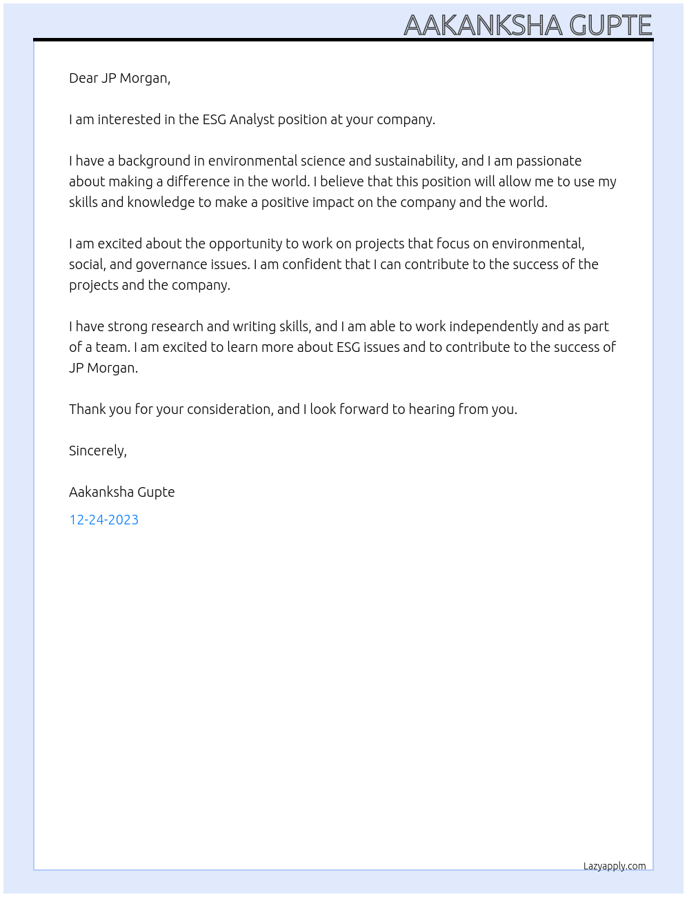 ESG Analyst At JP Morgan Cover Letter