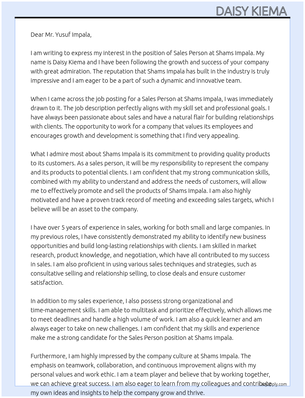 Sales person At Shams impala Cover Letter