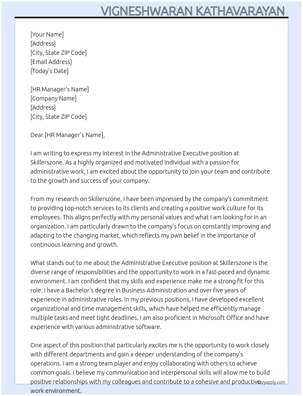 Administrative executive At Skillerszone Cover Letter