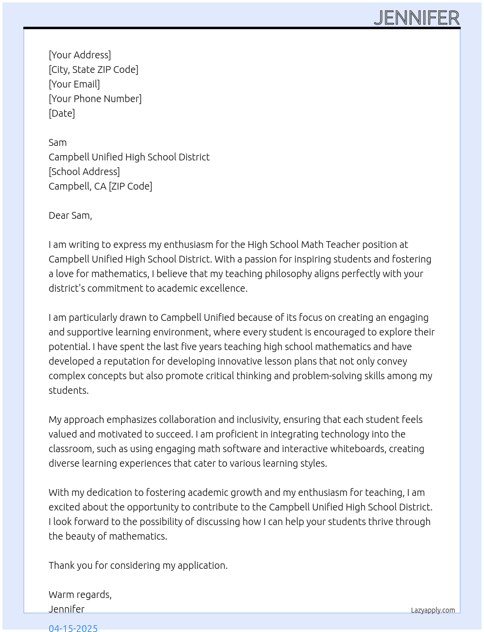 Cover letter for high school math teacher - LazyApply