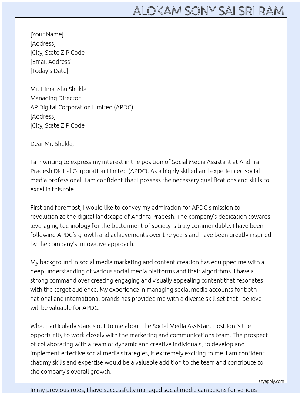 Social Media Assistant At ANDHRA PRADESH DIGITAL CORPORATION LIMITED (APDC) Cover Letter