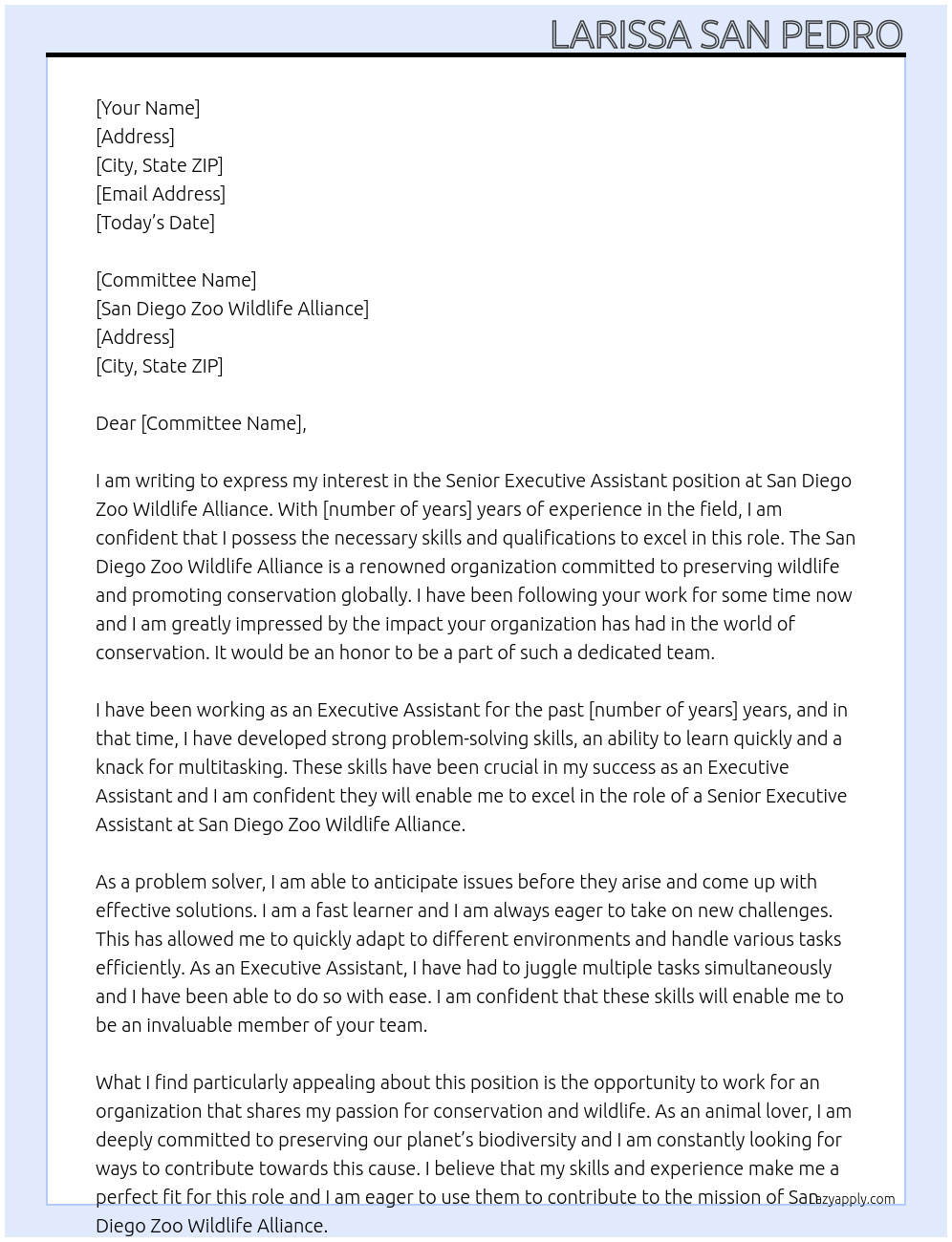 senior executive assistant At san diego zoo wildlife alliance Cover Letter