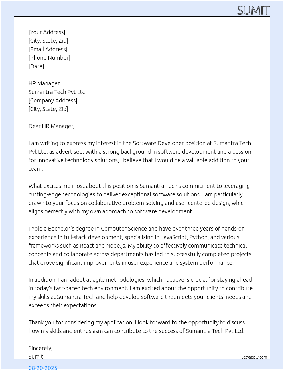 software developer At sumantra tech pvt ltd Cover Letter