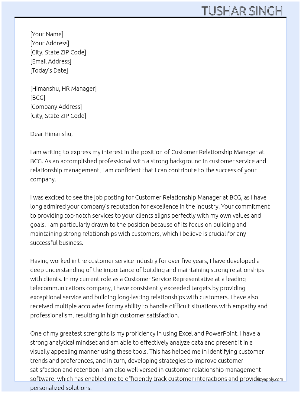 Customer Relationship Manager At BCG Cover Letter