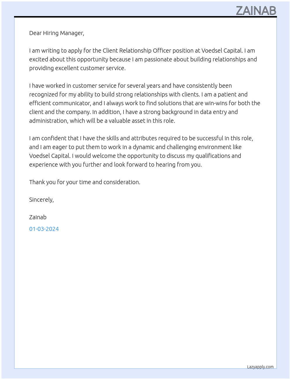 client relationship officer At voedsel capital Cover Letter