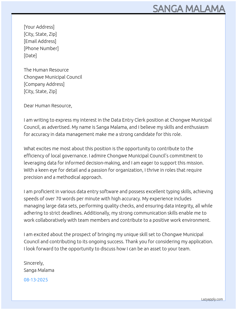 Data Entry Clerk At Chongwe Municipal Council Cover Letter