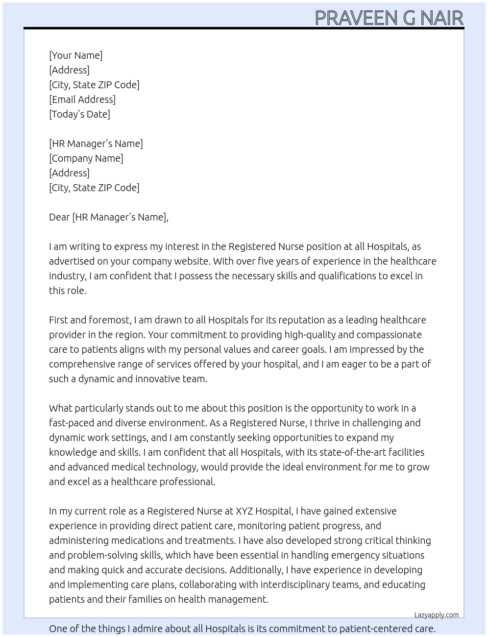 Registered Nurse At all Hospitals Cover Letter