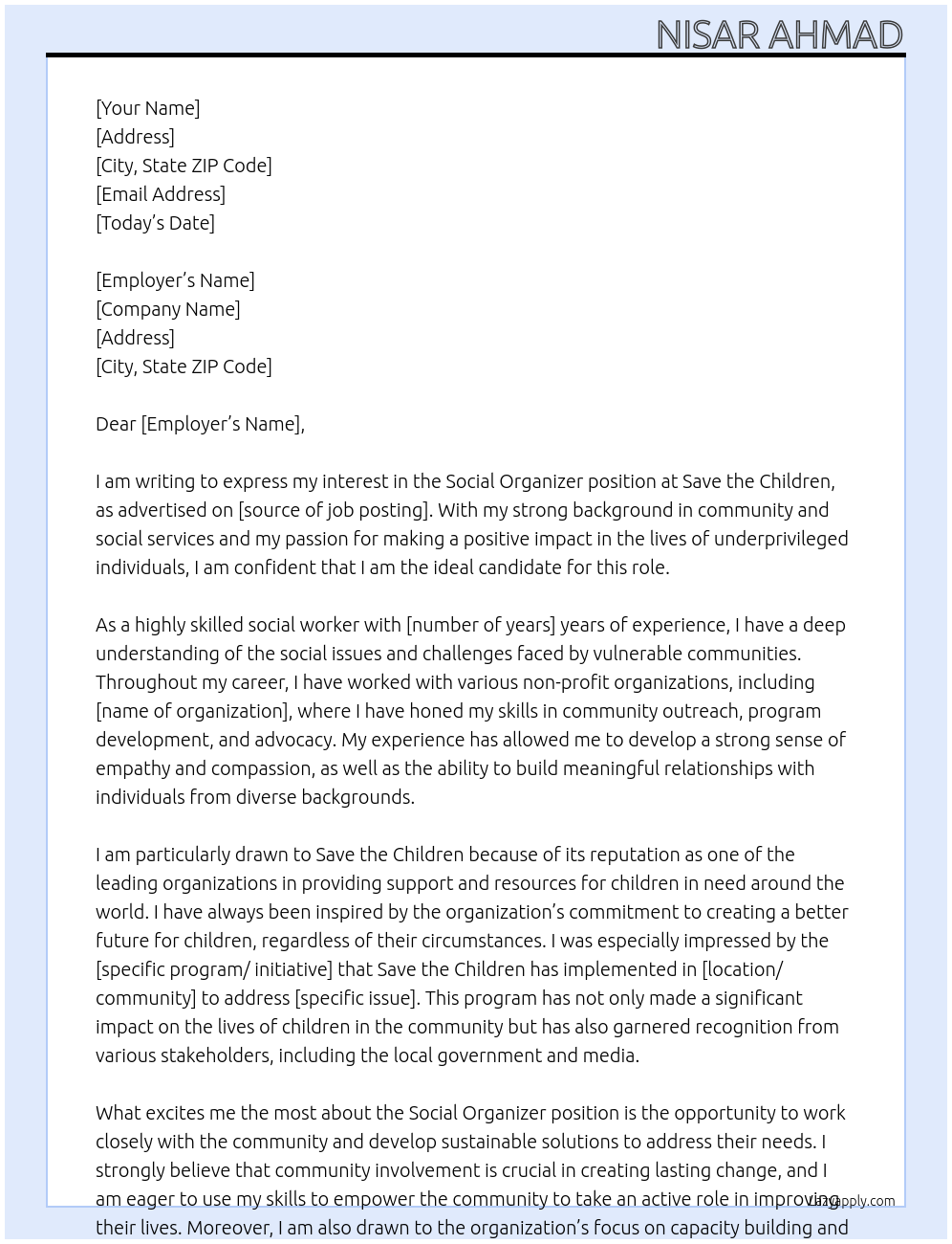 Social organizer At Save the children  Cover Letter