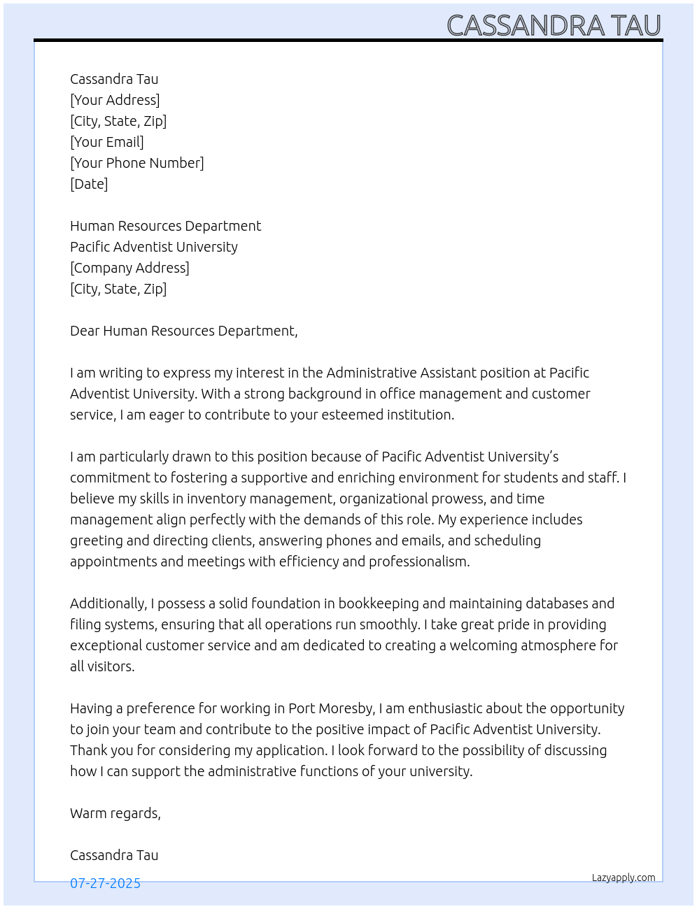 Administrative Assistant At Pacific Adventist University Cover Letter