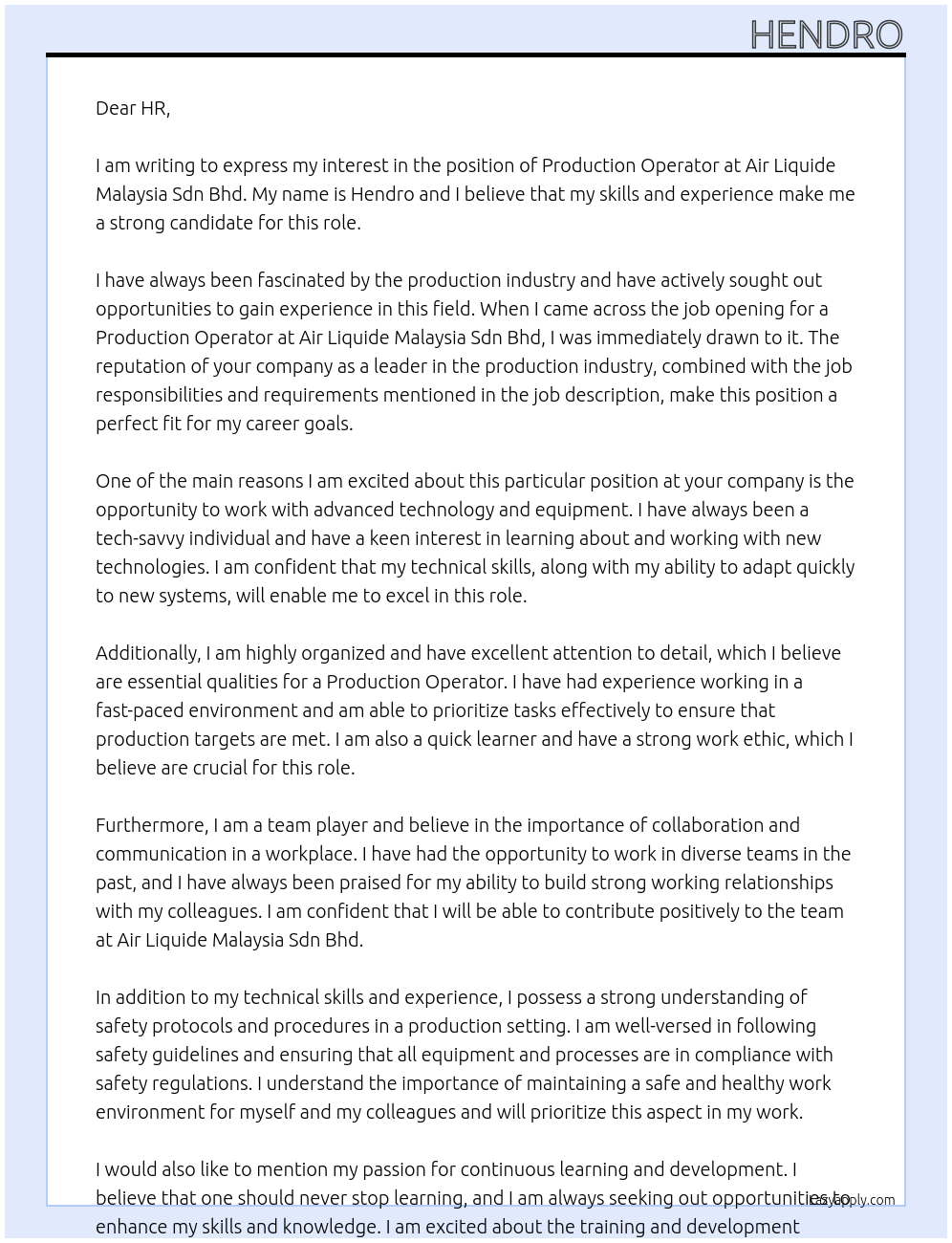 Production Operator At Air Liquide Malaysia Sdn Bhd Cover Letter