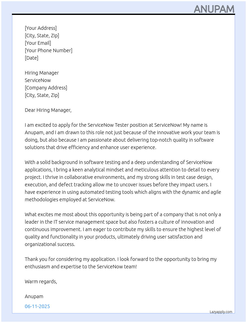 ServiceNow Tester At Servicenow Cover Letter