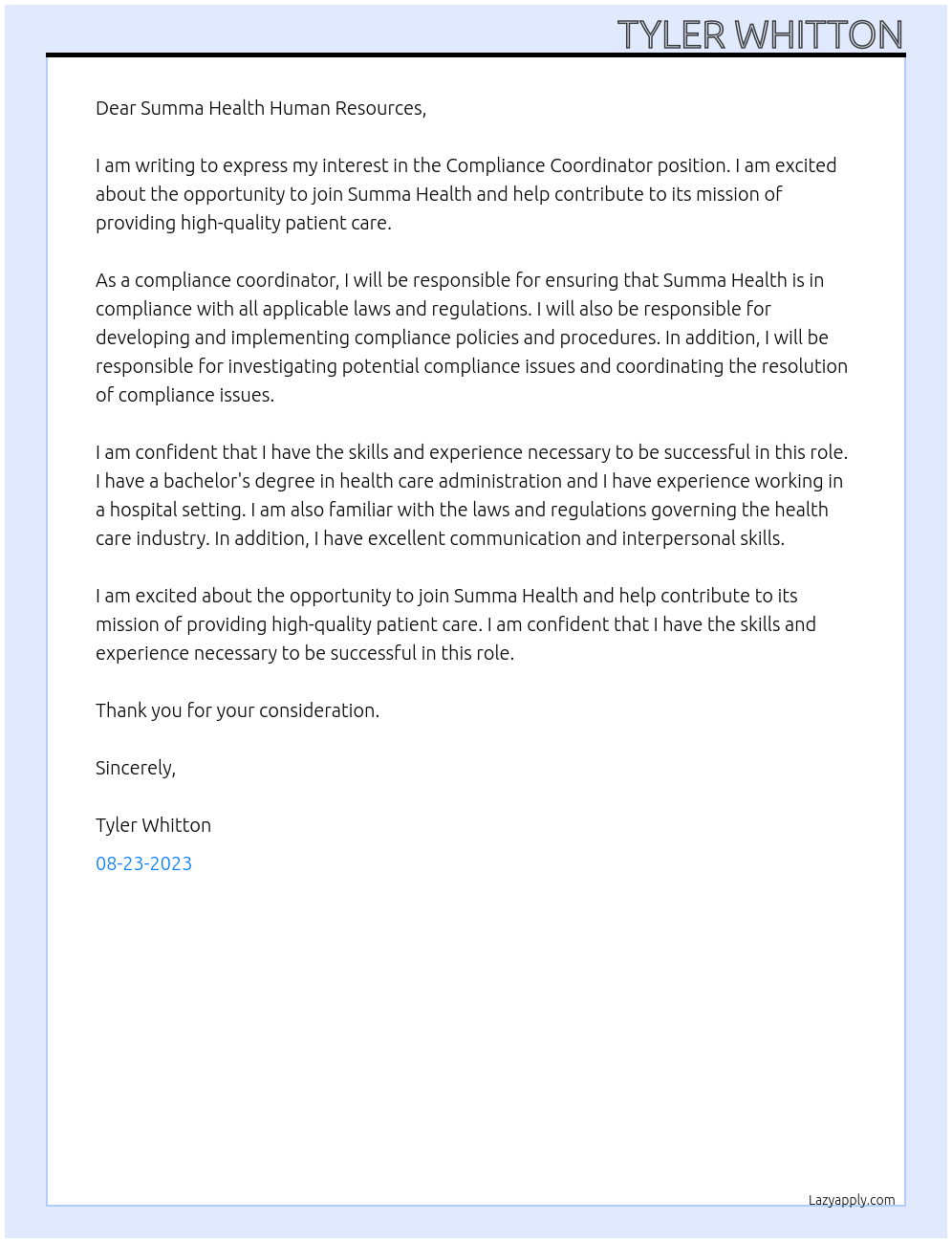 Compliance Coordinator At Summa Health Cover Letter