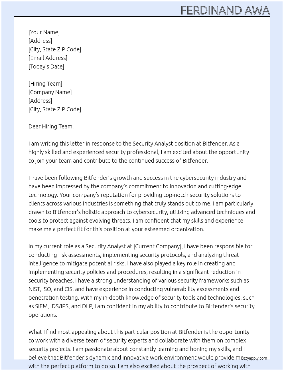 Security Analyst At Bitfender Cover Letter