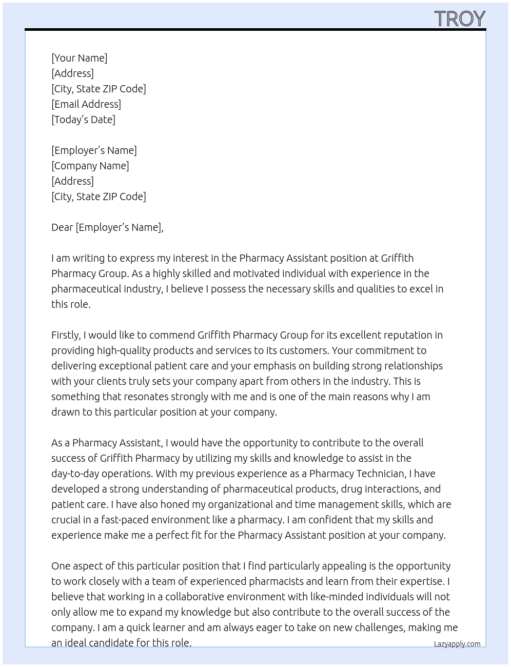 Pharmacy assistant At Griffith pharmacy Cover Letter