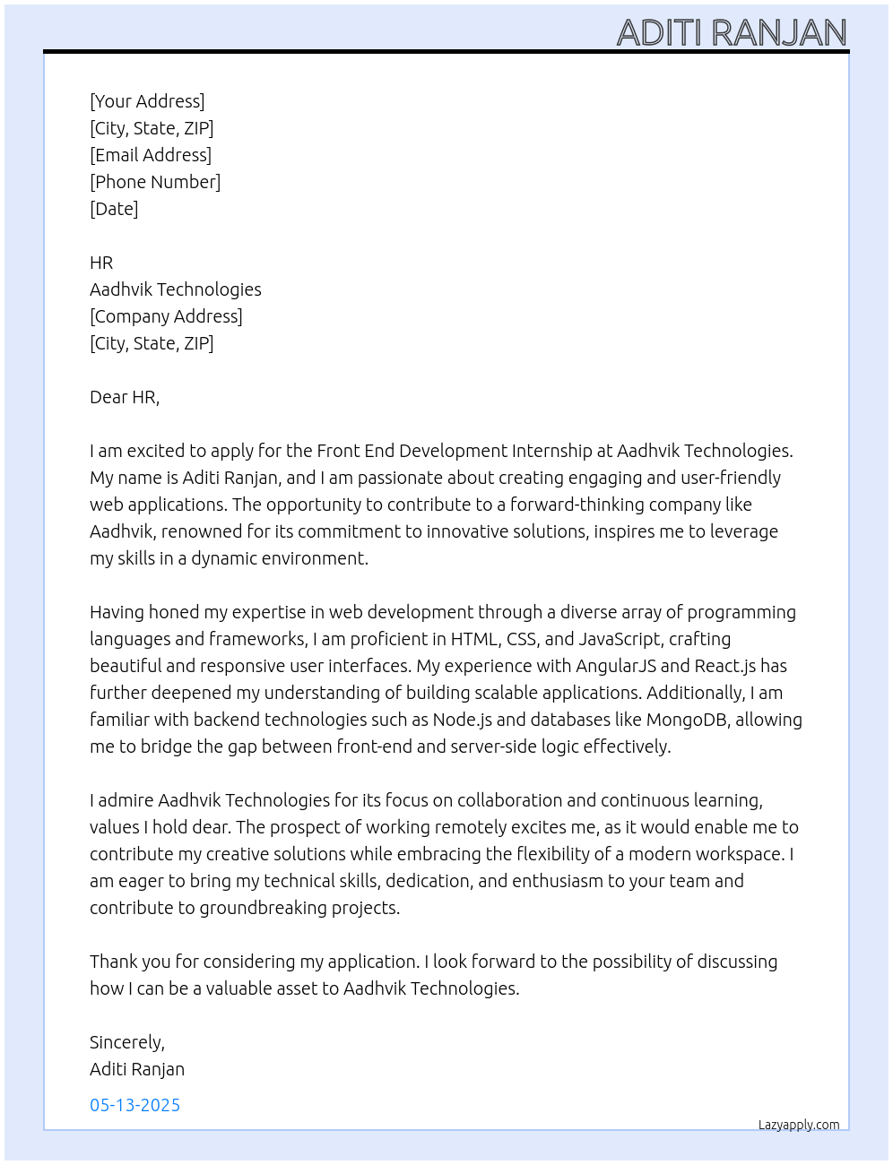 Cover letter for front end development - LazyApply