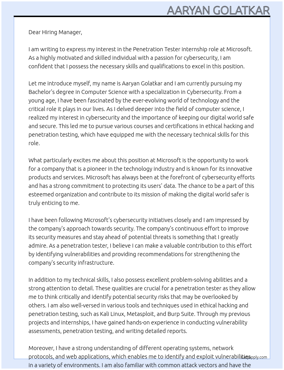 Penetration Tester At Microsoft Cover Letter