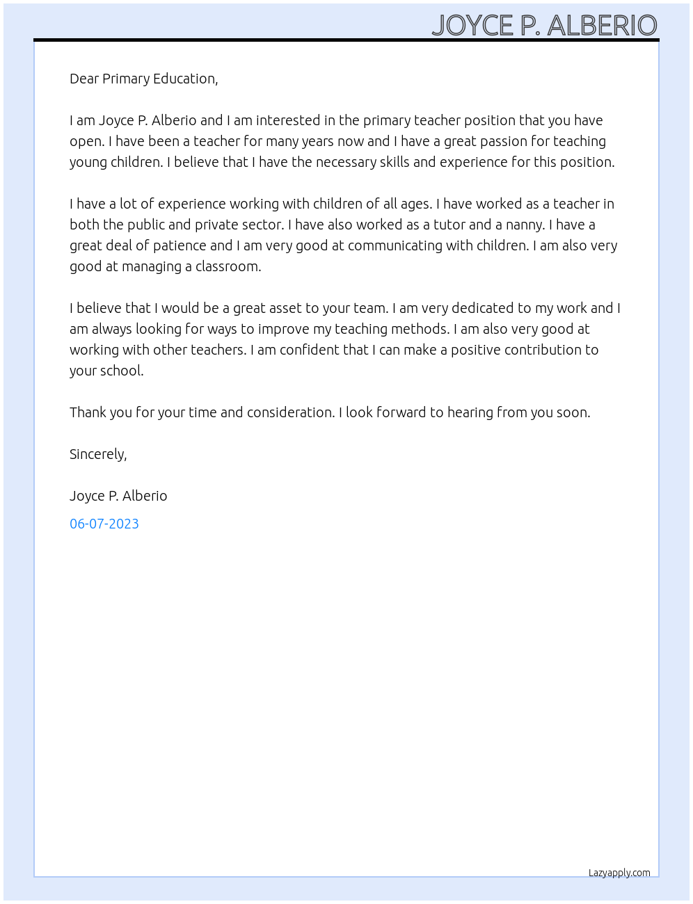 Primary teacher At Primary Education Cover Letter