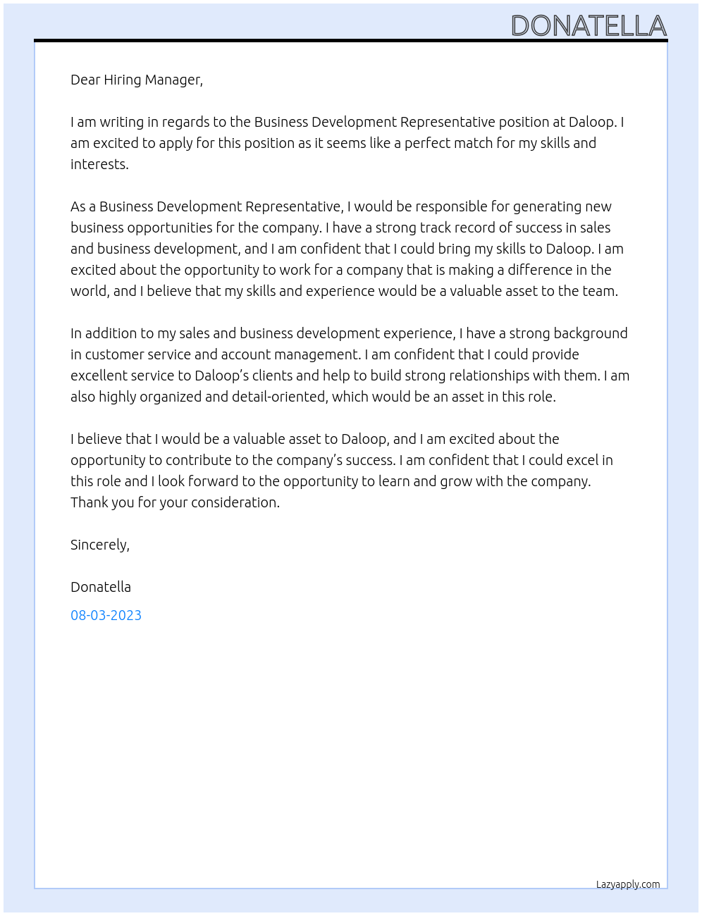 Business Development Representative At Daloop Cover Letter