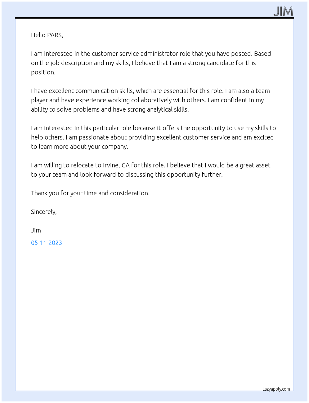 Customer Service Administrator At PARS Cover Letter