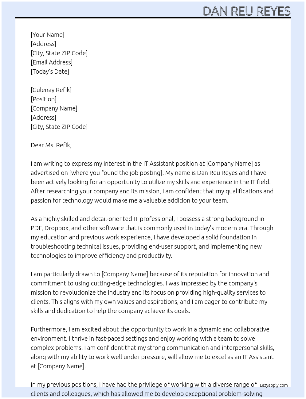 IT Assistant At s Cover Letter