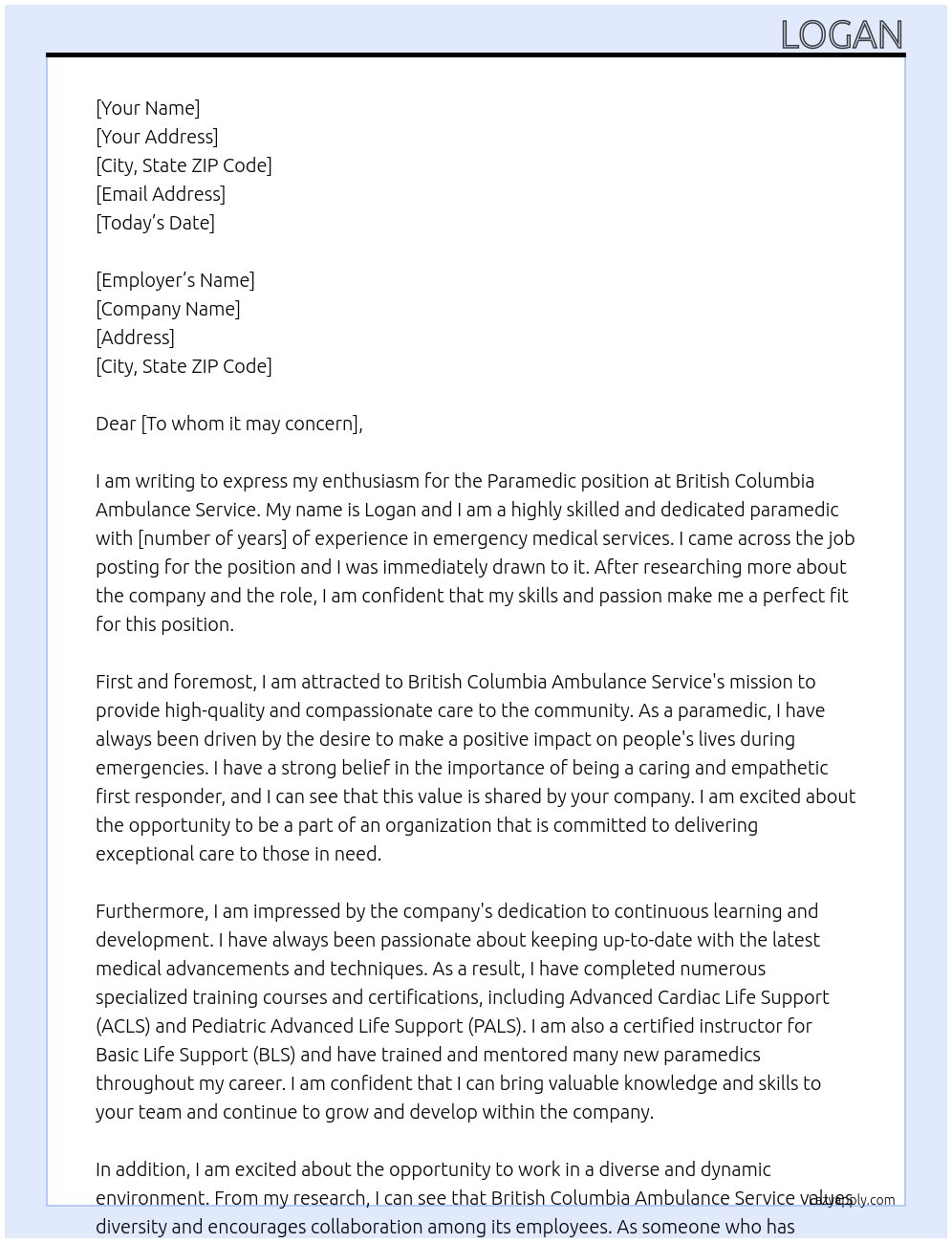 Paramedic At British Columbia Ambulance Service Cover Letter