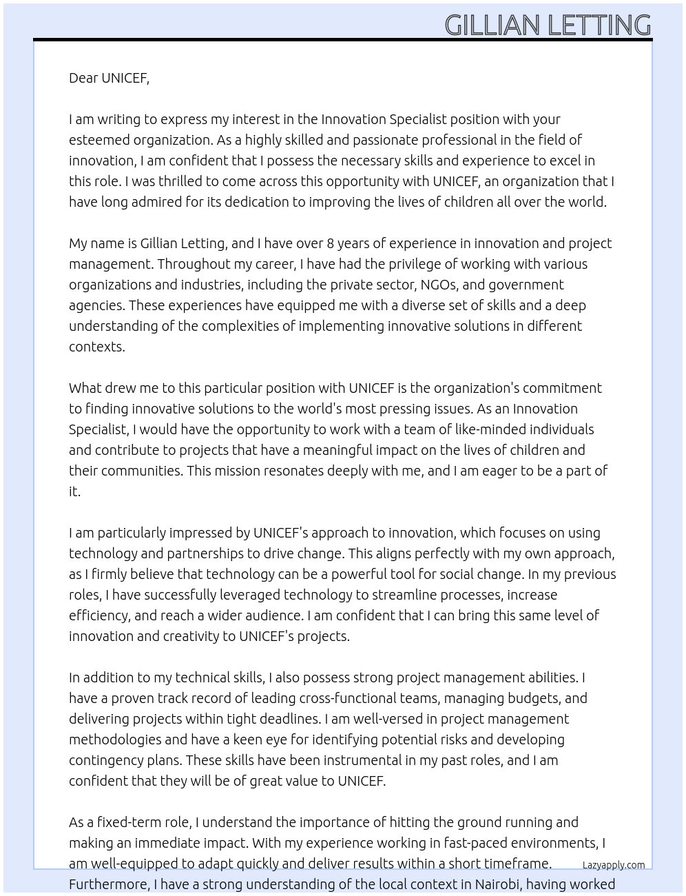 Cover letter for innovation specialist - LazyApply