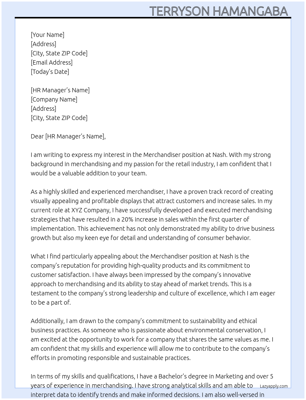 MERCHANDISER At Nash Cover Letter