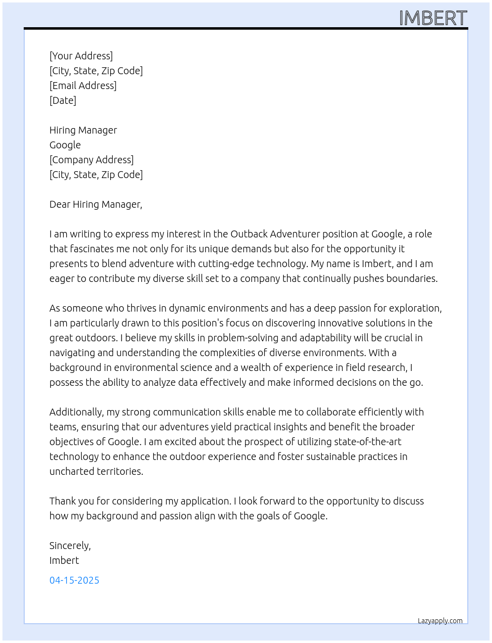 Outback adventurer At Google Cover Letter