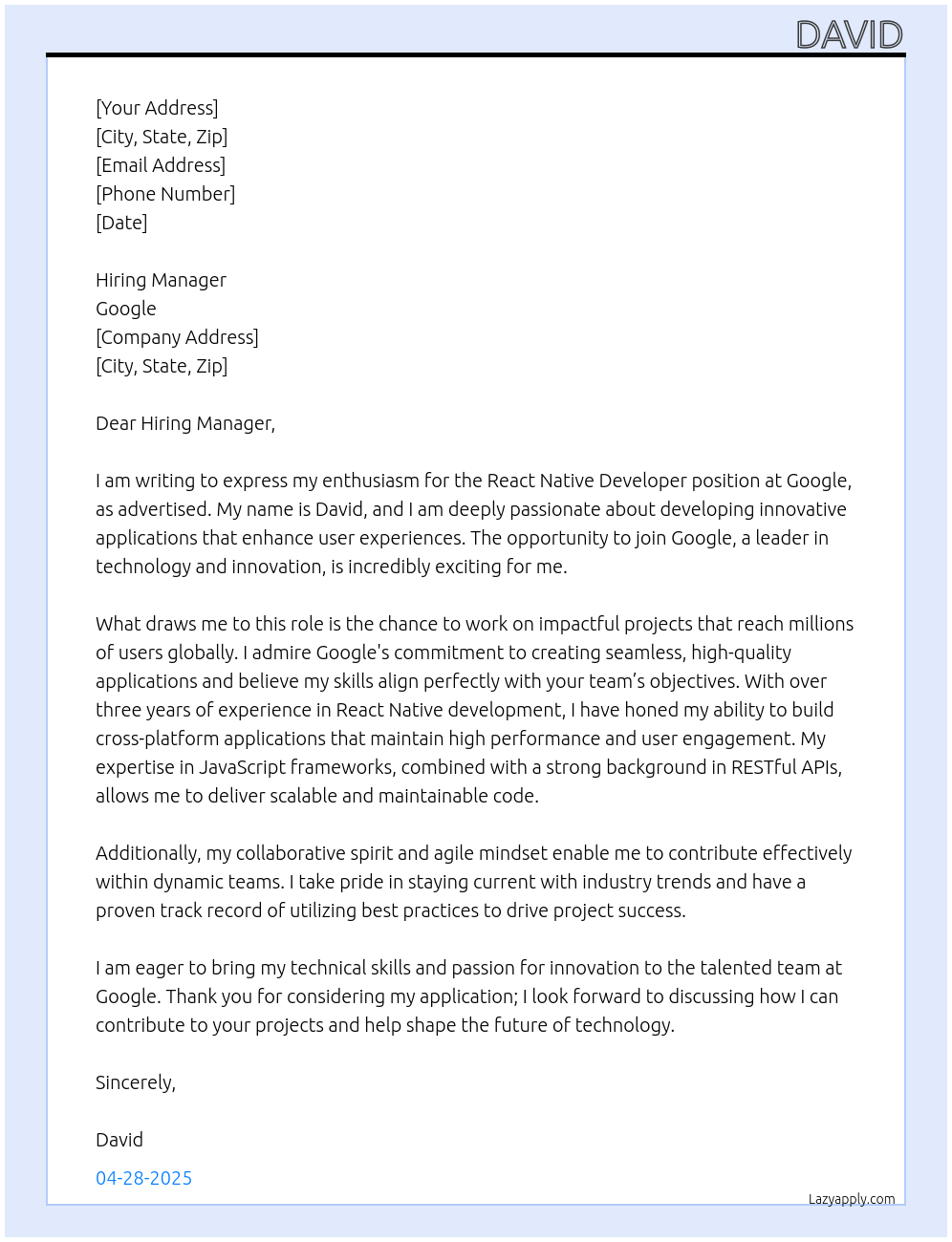 React Native Developer At Google Cover Letter