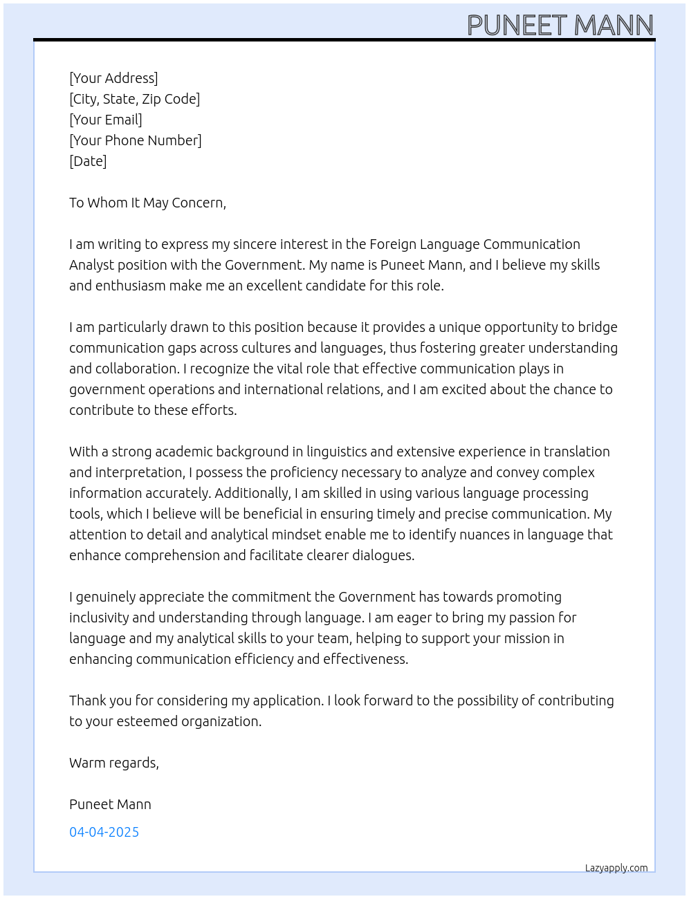 Foreign Language Communication Analyst At Government  Cover Letter