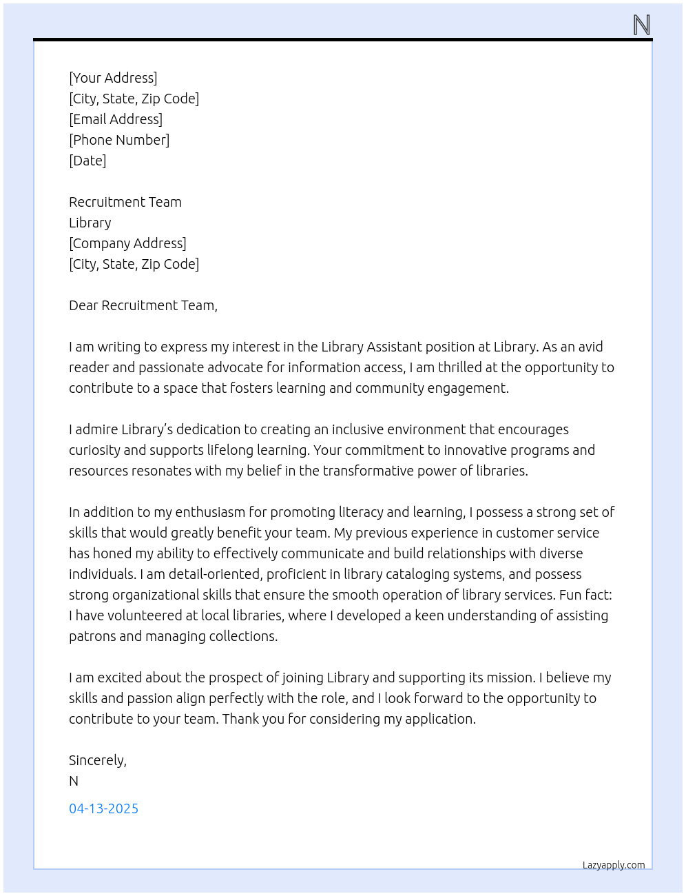Library Assistant At Library Cover Letter