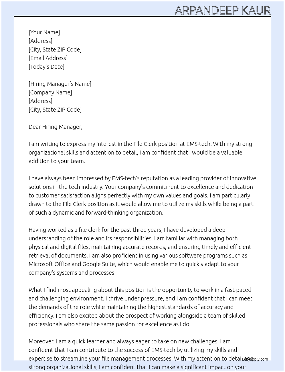 File clerk At EMS-tech Cover Letter