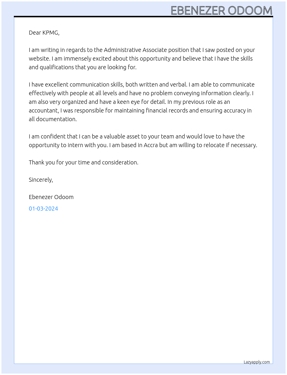 ADMINISTRATIVE ASSOCIATE At KPMG Cover Letter