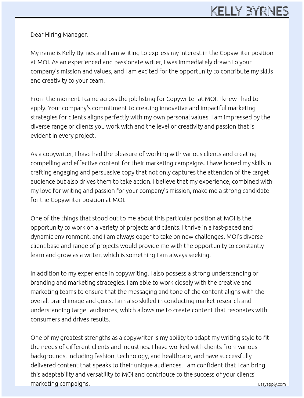 copywriter At MOI Cover Letter