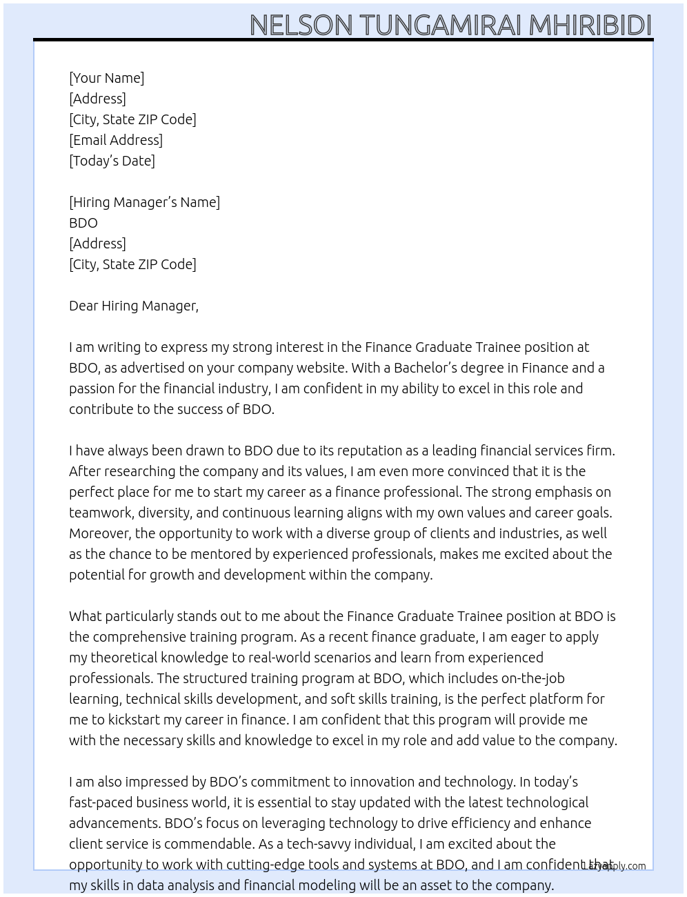 finance graduate trainee At BDO Cover Letter