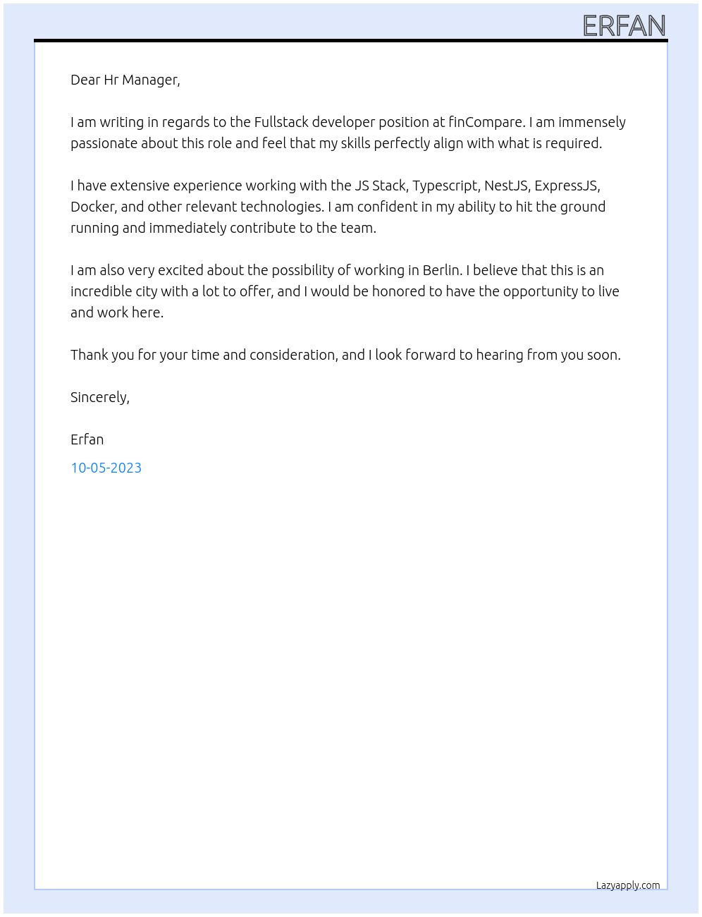 Fullstack developer At finCompare Cover Letter