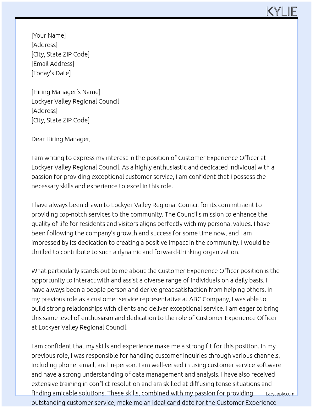 Customer Experience Officer At Lockyer Valley Regional Council Cover Letter