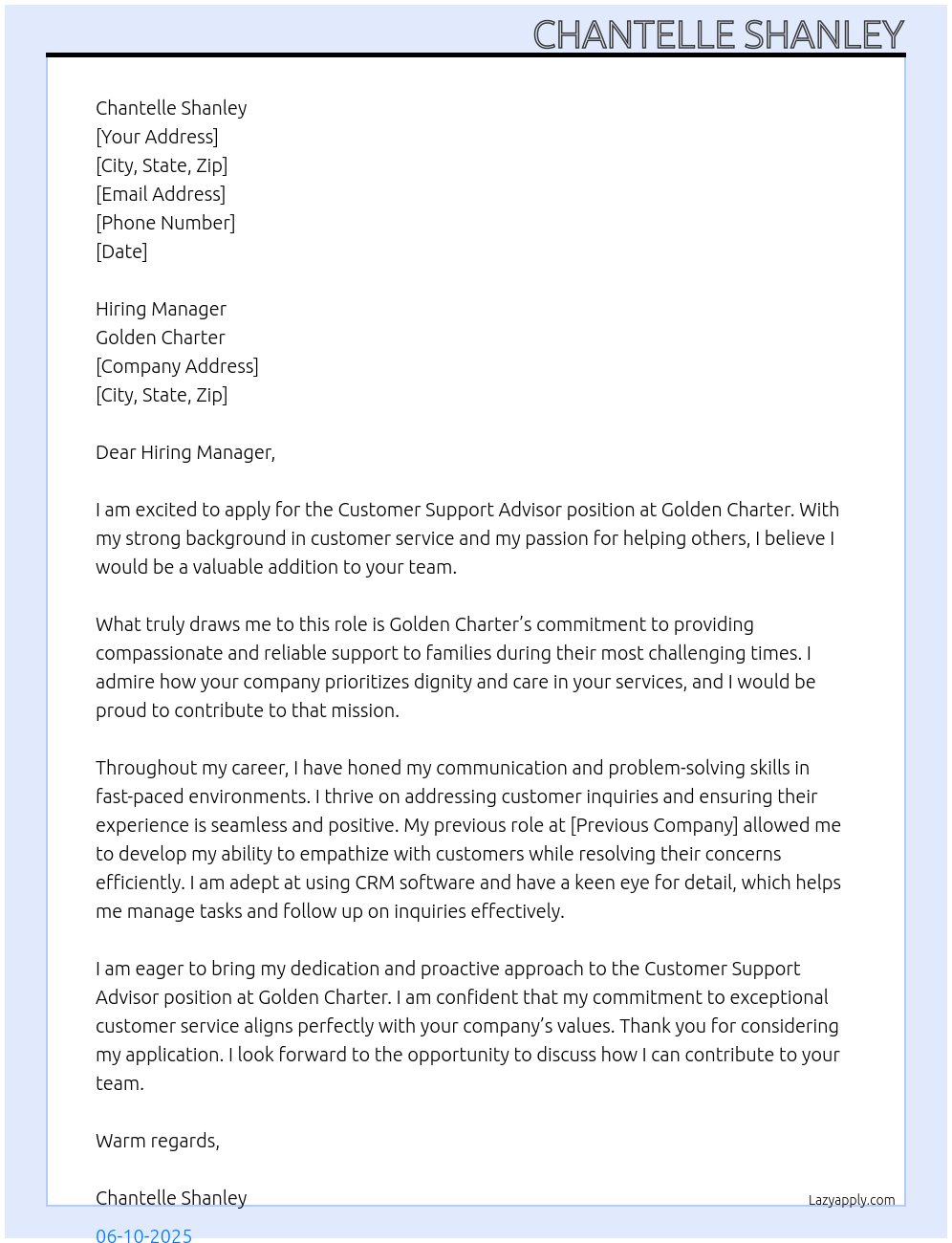 Customer Support Advisor At Golden Charter Cover Letter
