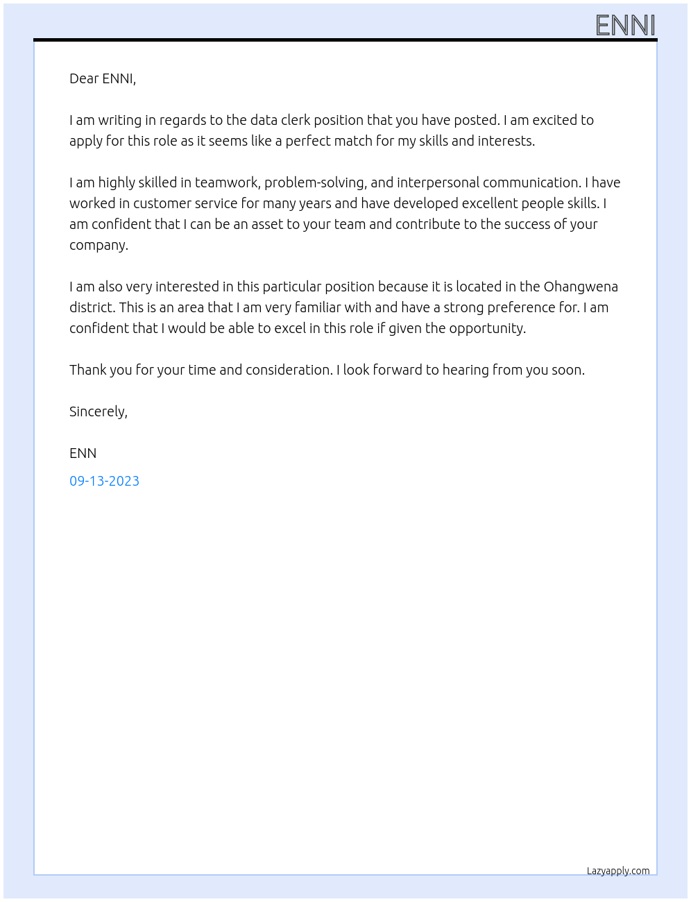 data clerk At ENNI Cover Letter