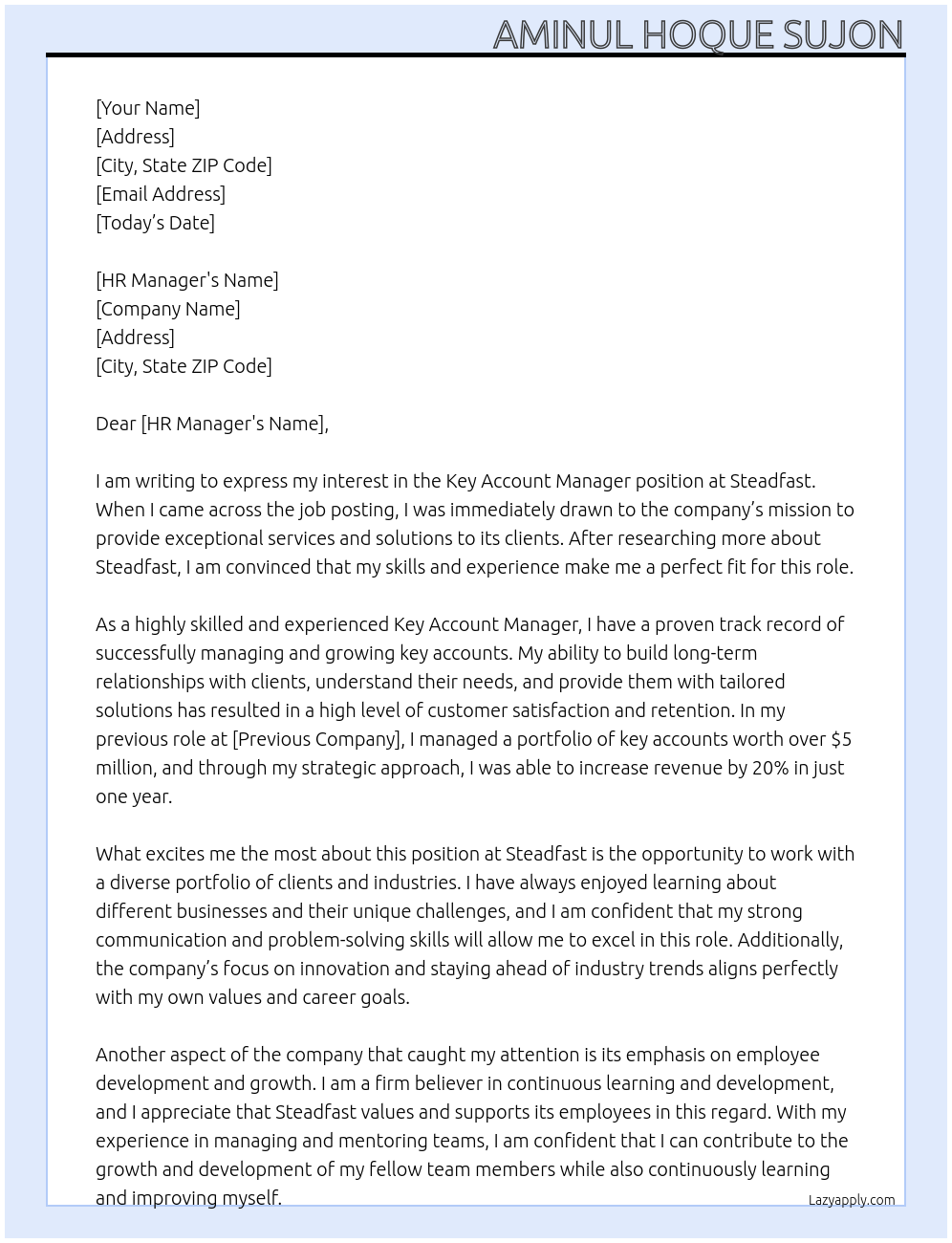 Key account Manager  At Steadfast Cover Letter