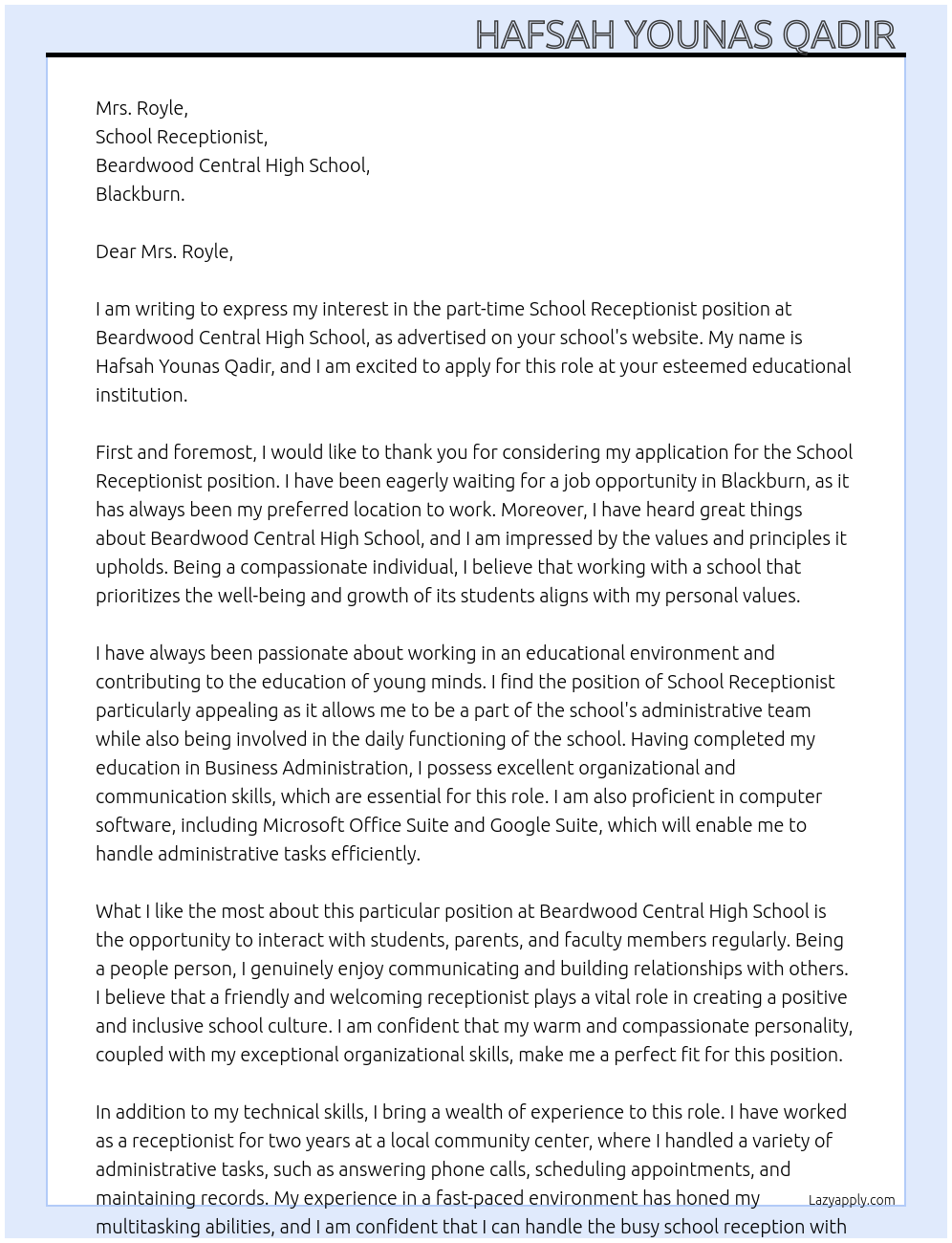 School receptionist At Beardwood central high school Cover Letter