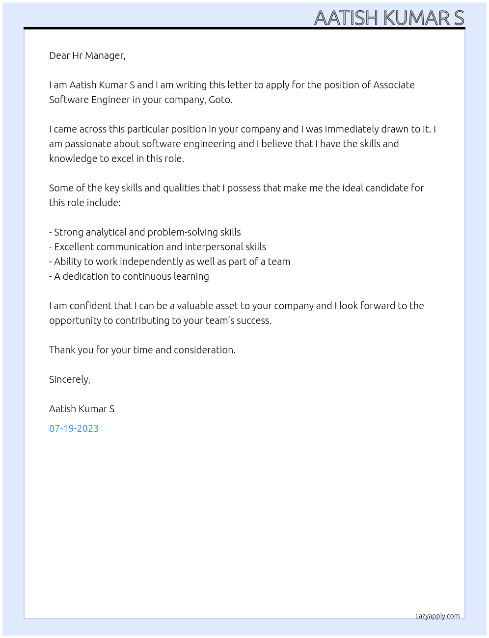 Associate Software Engineer At Goto Cover Letter