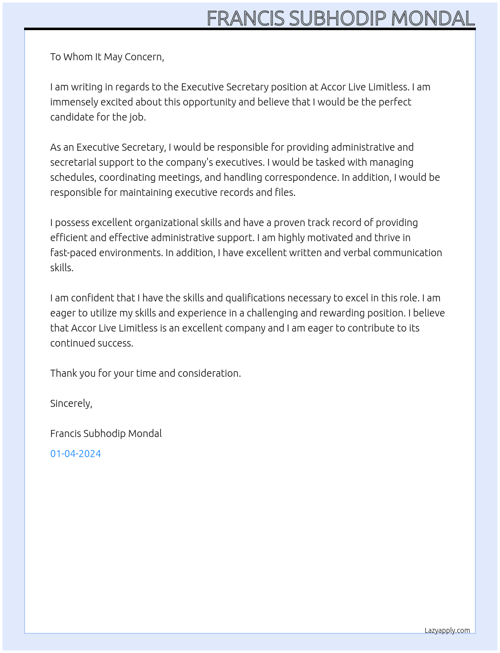 Executive Secretary  At Accor Live Limitless  Cover Letter