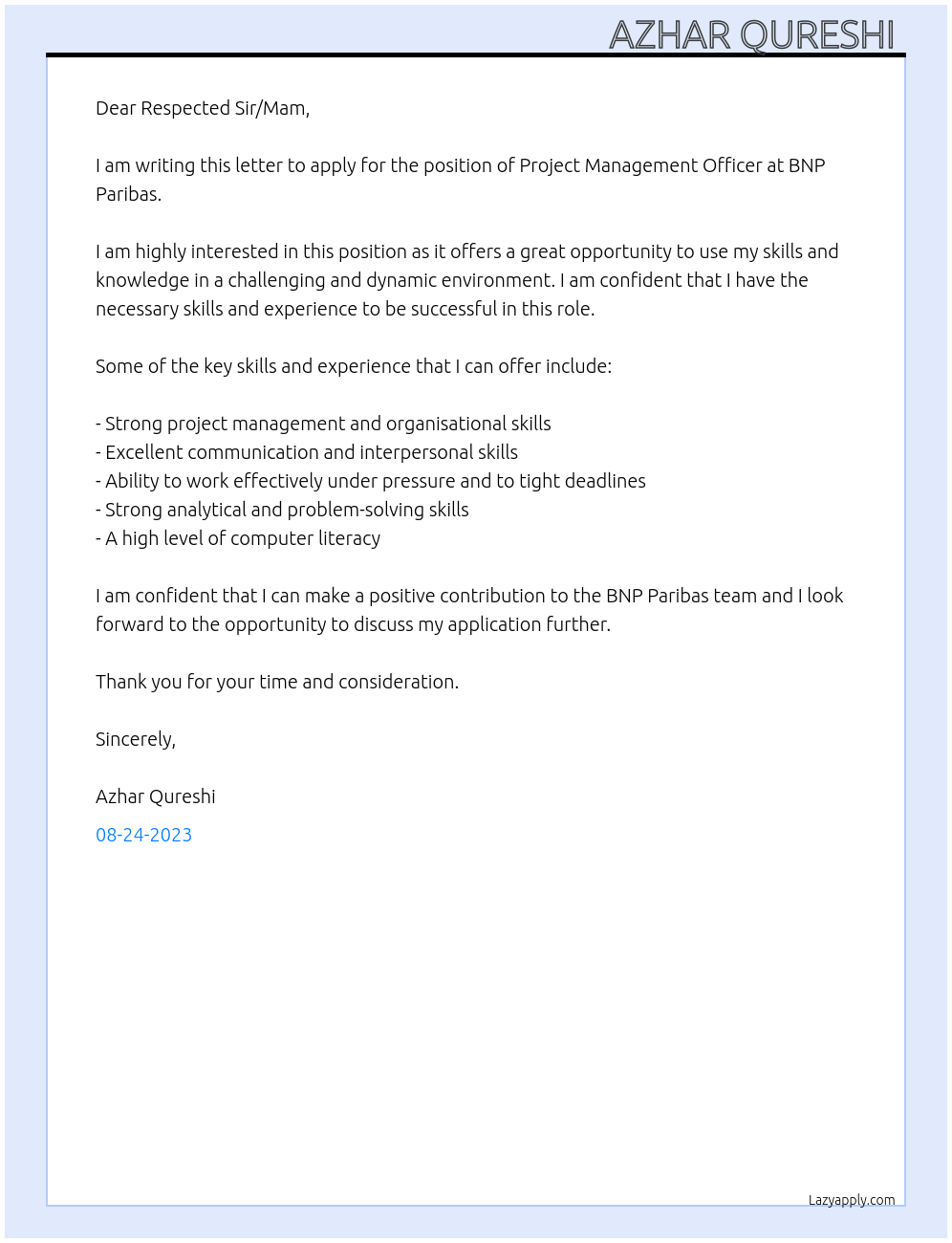 Project Management Officer  At BNP Paribas  Cover Letter