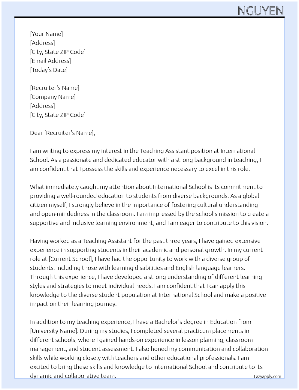 Teaching Assistant At International School Cover Letter