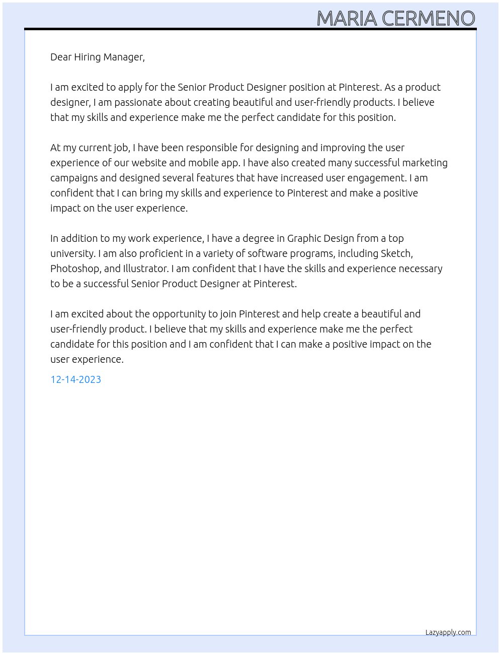 Senior Product Designer At Pinterest Cover Letter